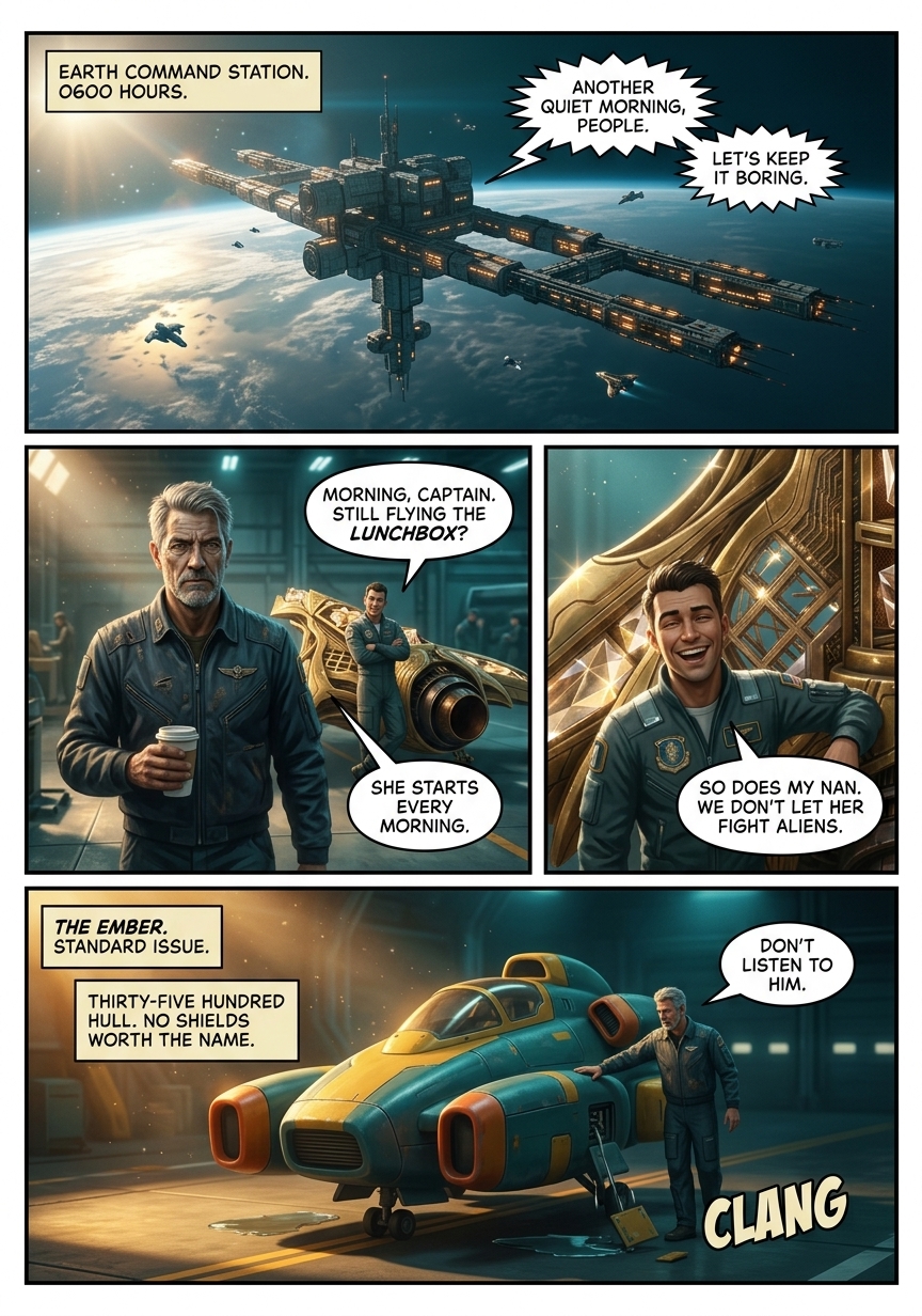Astral War Episode 1 page 1: Earth Command Station at 0600 hours. Captain Voss drinks coffee in the hangar beside his ship, the Ember — a thirty-five hundred hull scout with no shields worth the name.