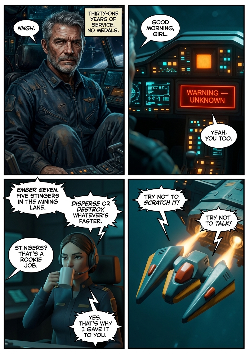 Astral War Episode 1 page 2: Voss straps into the Ember. Control assigns Ember Seven a rookie job: five Stingers loose in the mining lane. Disperse or destroy.