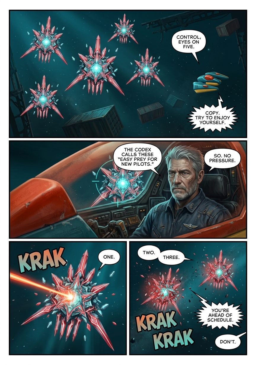 Astral War Episode 1 page 3: Five Stingers drift through the mining lane. The Codex calls them easy prey for new pilots. Voss opens fire — one, two, three.