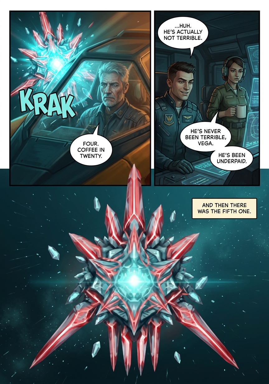 Astral War Episode 1 page 4: Four Stingers down, coffee in twenty. And then there was the fifth one — larger, brighter, wrong.