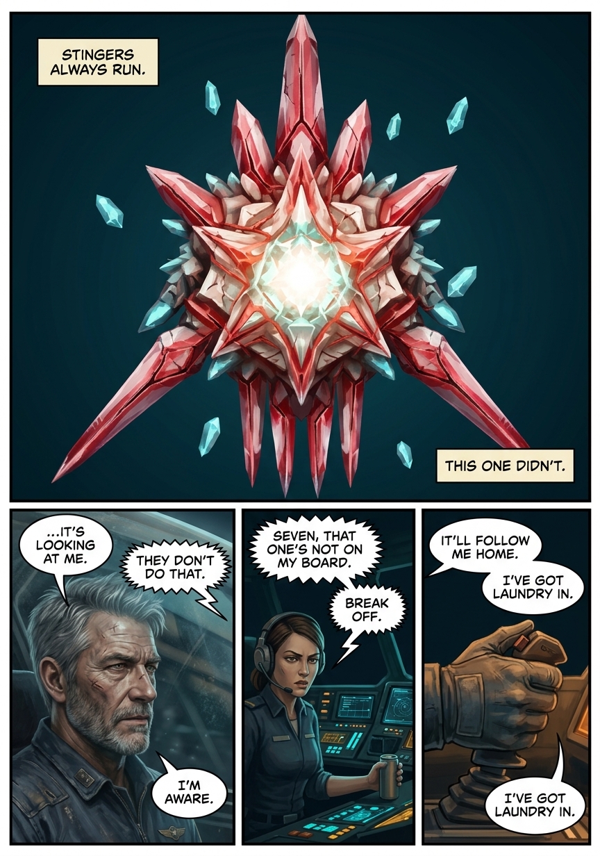 Astral War Episode 1 page 5: Stingers always run. This one does not. It turns and looks straight at the Ember, and it is not on Control's board.