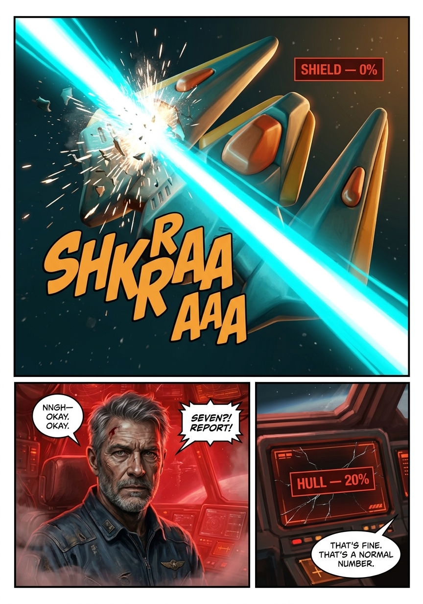 Astral War Episode 1 page 6: The fifth Stinger fires. Shields at zero percent, hull at twenty. Voss reports that this is a normal number.