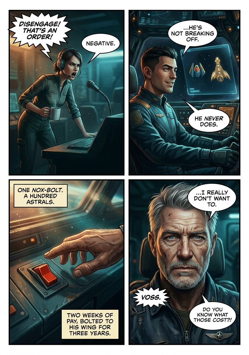 Astral War Episode 1 page 7: Control orders Voss to disengage. Negative. His hand hovers over the Nox-Bolt trigger — one missile, a hundred Astrals, two weeks of pay.