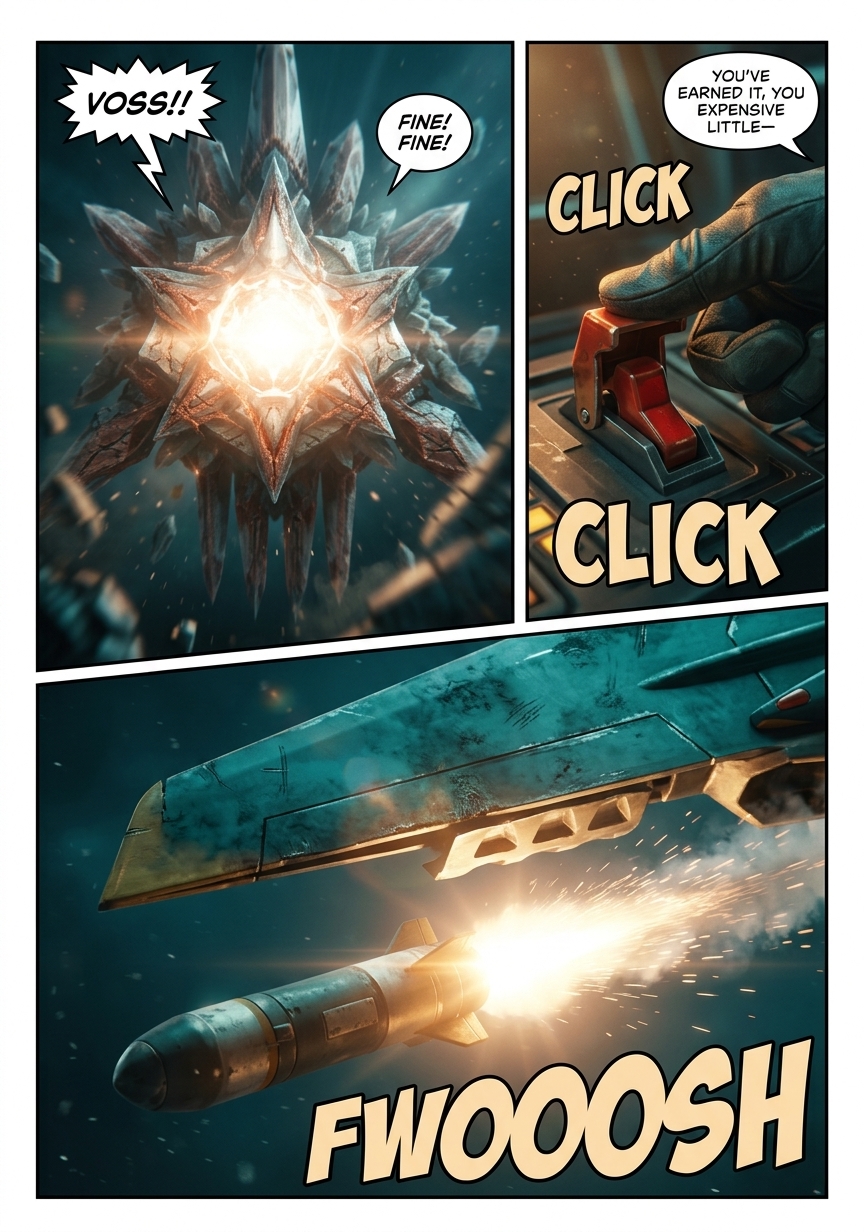 Astral War Episode 1 page 8: Click. Click. FWOOOSH. The Nox-Bolt leaves the Ember's wing.