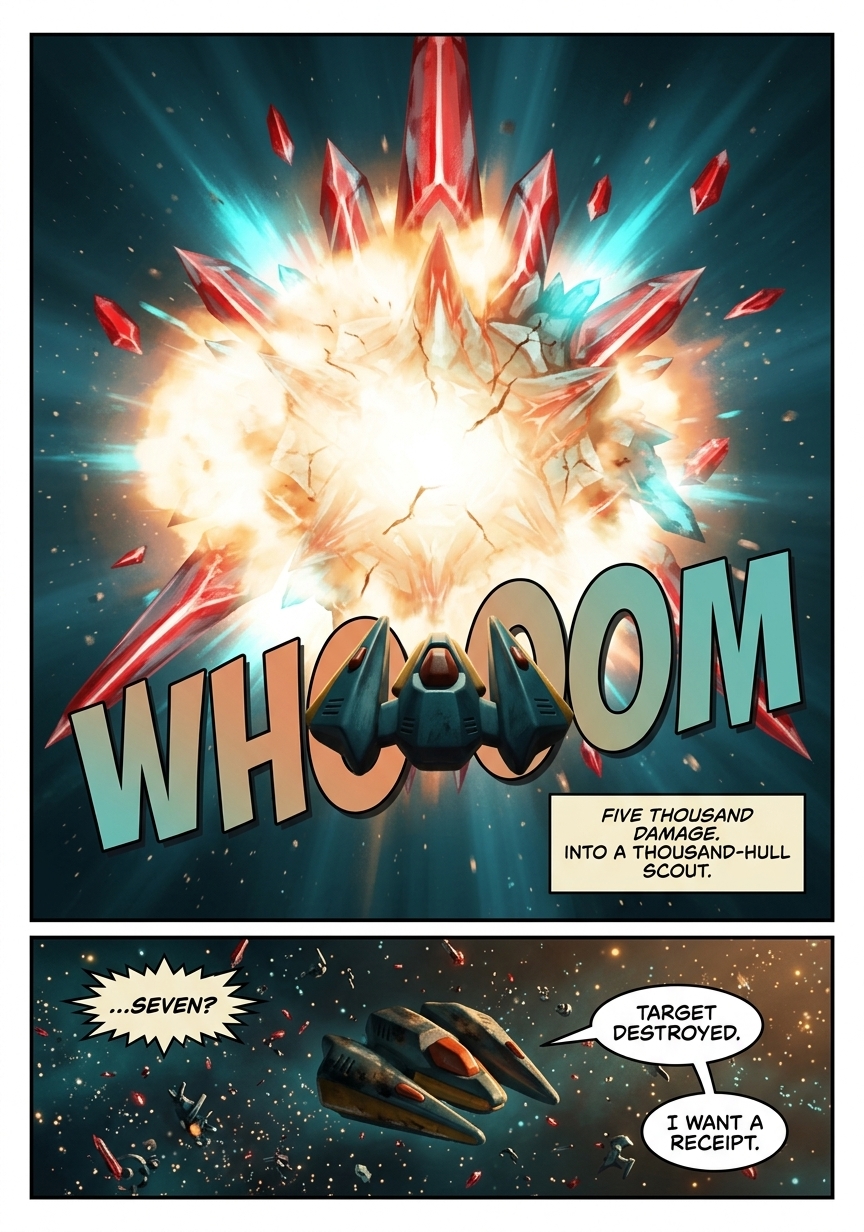 Astral War Episode 1 page 9: WHOOOOM. Five thousand damage into a thousand-hull scout. Target destroyed. Voss wants a receipt.