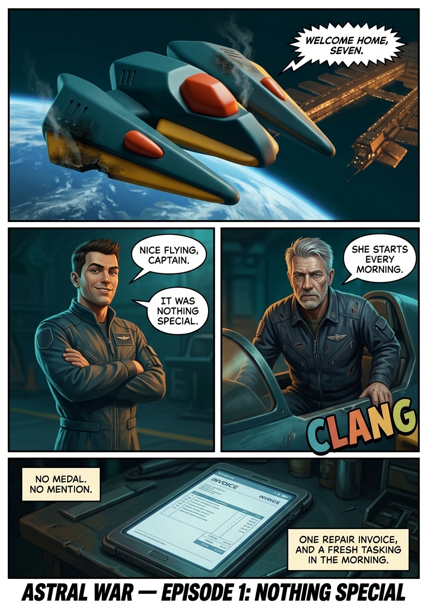 Astral War Episode 1 page 10: The Ember limps home to Earth Command trailing smoke. Nice flying, Captain. It was nothing special. No medal, no mention — one repair invoice and a fresh tasking in the morning.